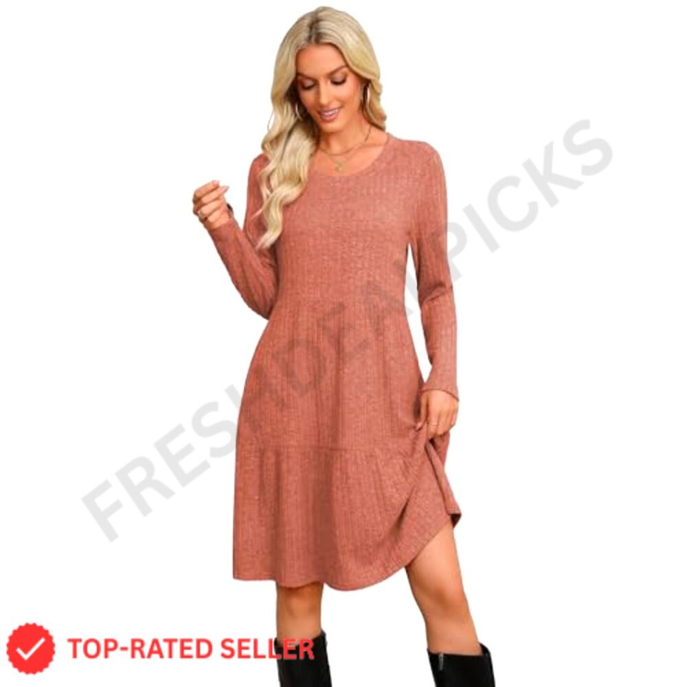 Long Sleeve Sweater Dress with Pockets, Ribbed Knit, Empire Waist - Picture 2 of 4